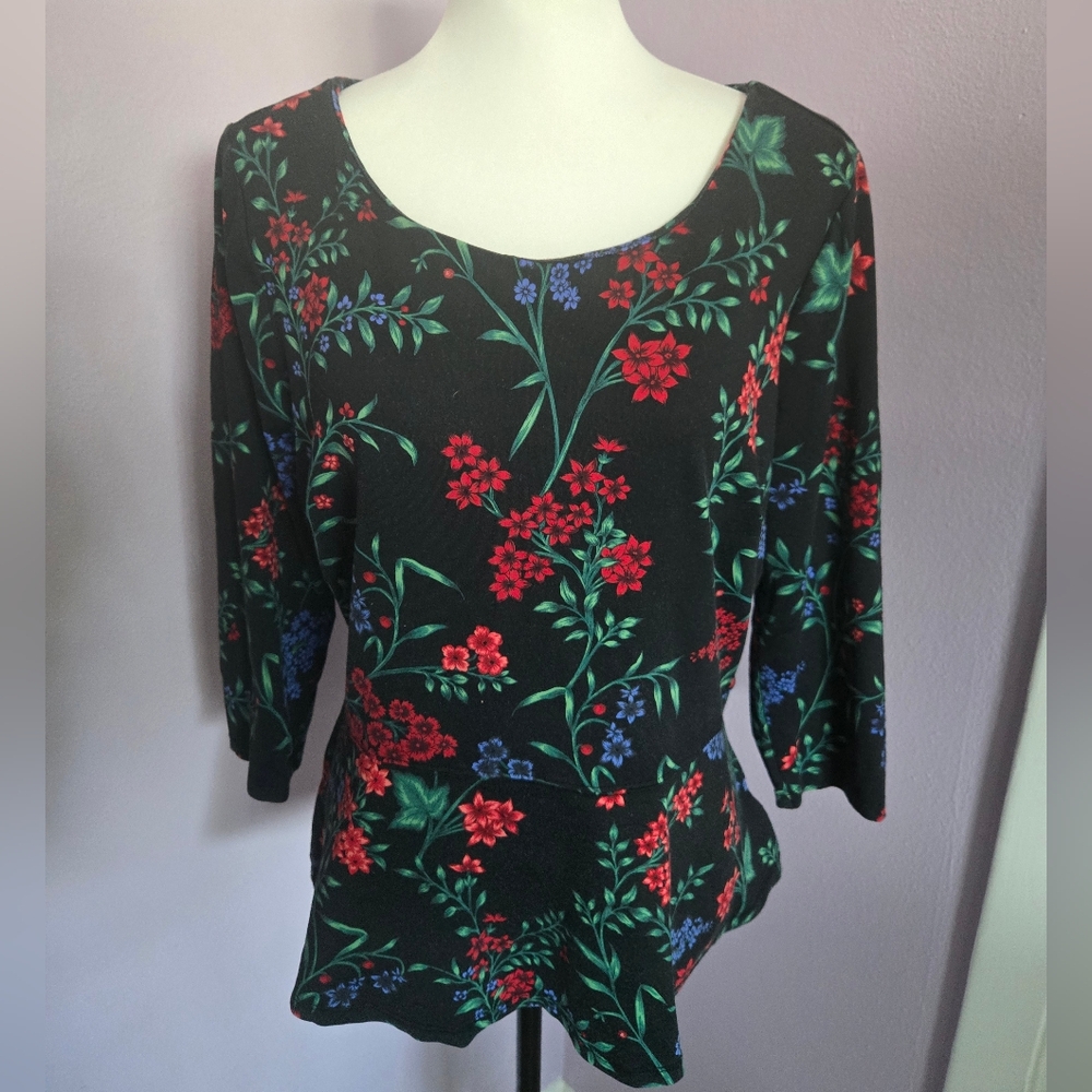 Charter Club Black Fitted Blouse with Blue and Pink Floral Design